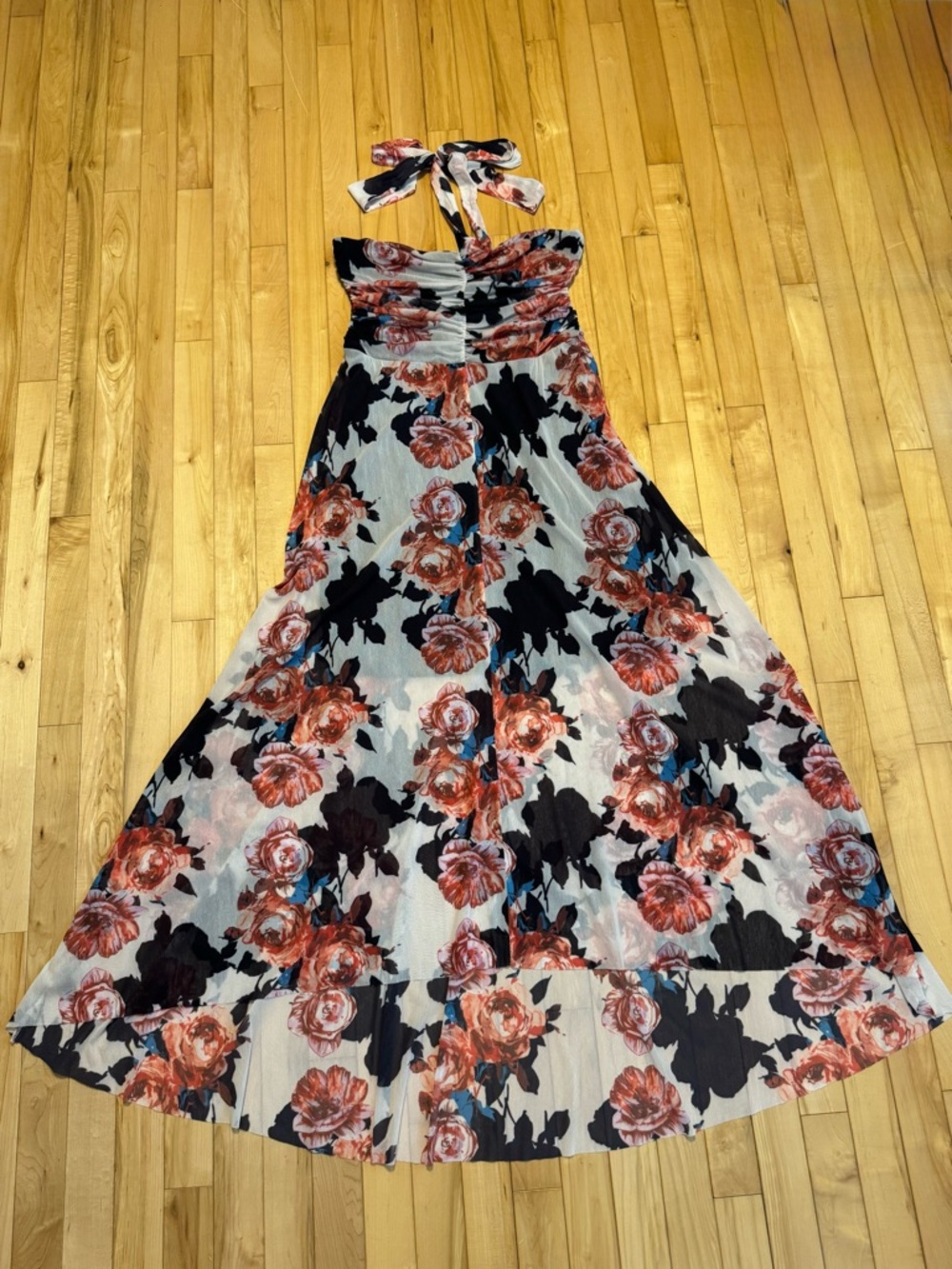 Floral Halter Hi-Lo Dress in White and Rust - Picture 2 of 8